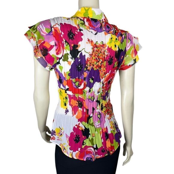 NWT Cathaya's Slimming S/S Blouse w/Colorful Floral Ruffles & Pleated Bodice SzM - Picture 7 of 15